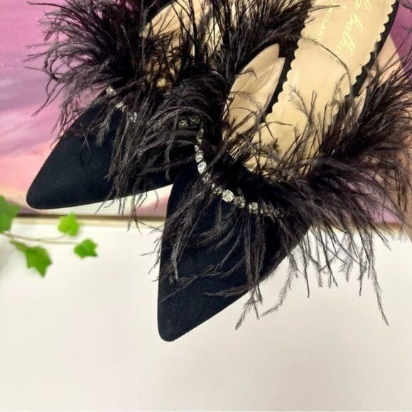 Antonio Melani x Nicola Bathie Liz Ostrich Feathers Rhinestone Suede Dress Mules - Picture 9 of 14